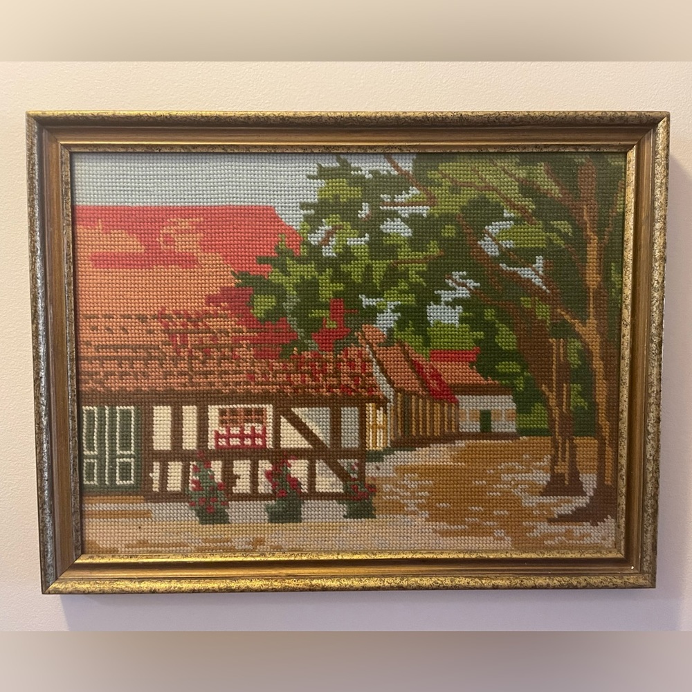 Vintage boho House Home Cottage Village Needlepoint Embroidery Wood Frame